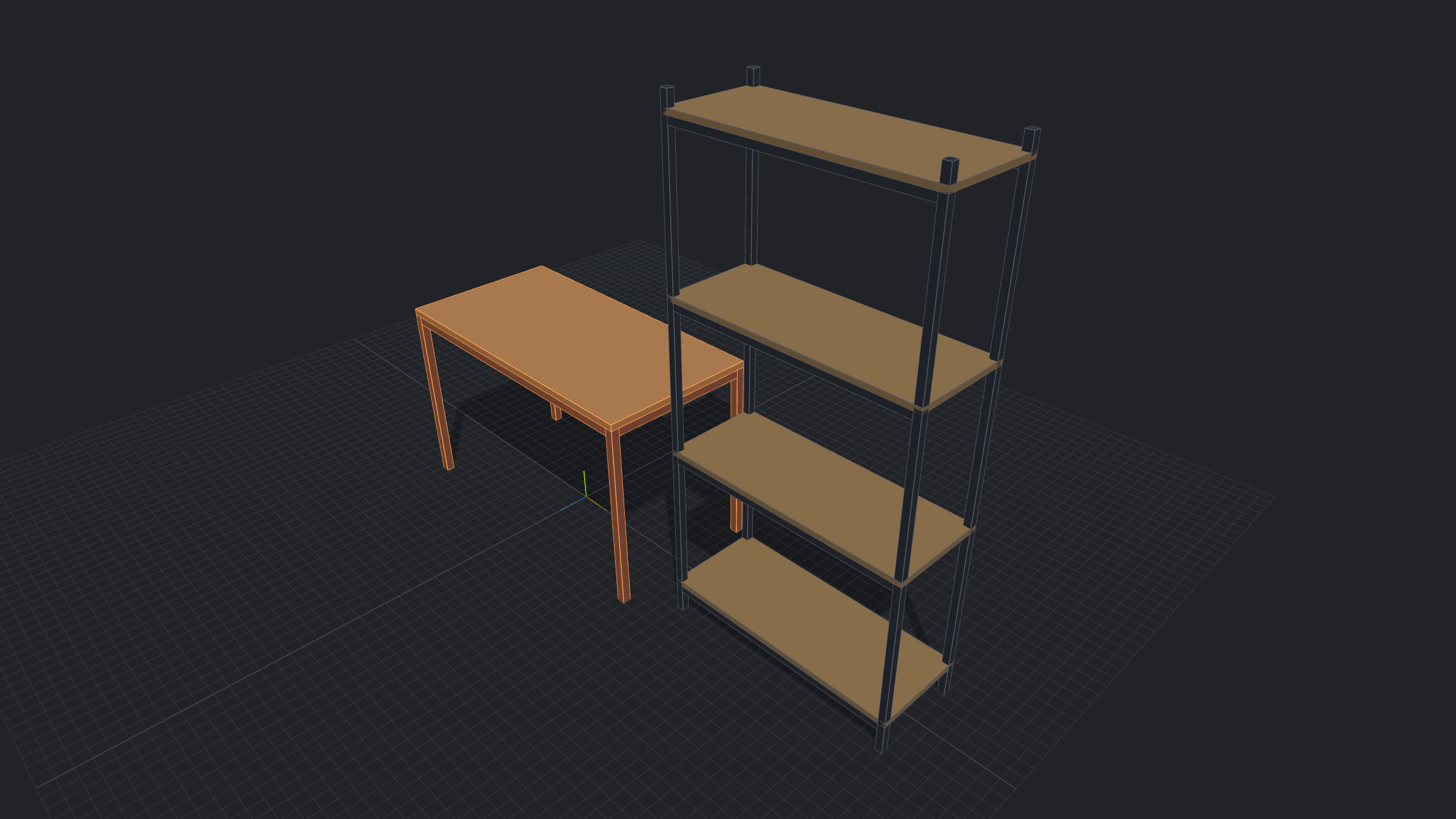 Vista 3D de una mesa y una estantería de caño estructural con tapa de madera, diseñadas en la app.